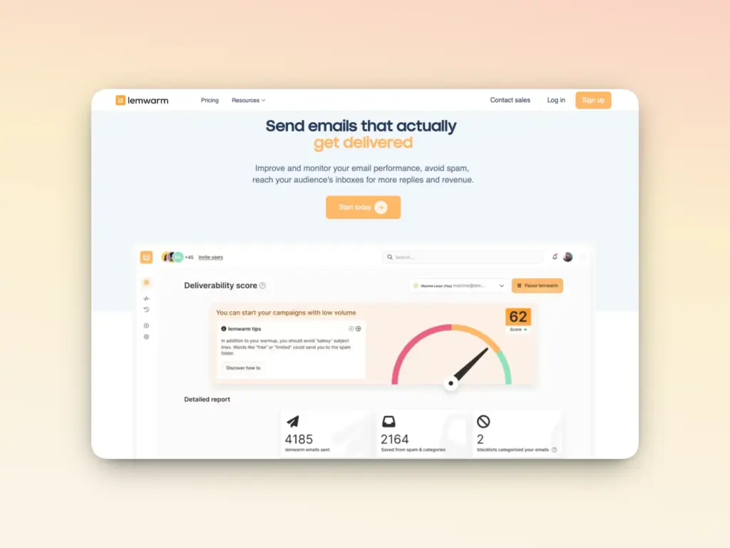 Screenshot of Lemwarm's website showcasing an email deliverability score dashboard, stats, and a call-to-action to start using one of the best email warmup tools for boosting performance and avoiding spam.