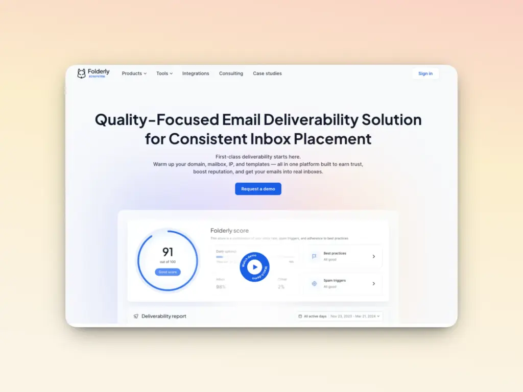 A website homepage for Folderly offers an email deliverability solution, displaying a 91 score in a dashboard interface, with navigation links and a “Request a demo” button on a light gradient background—showcasing one of the best email warmup tools.