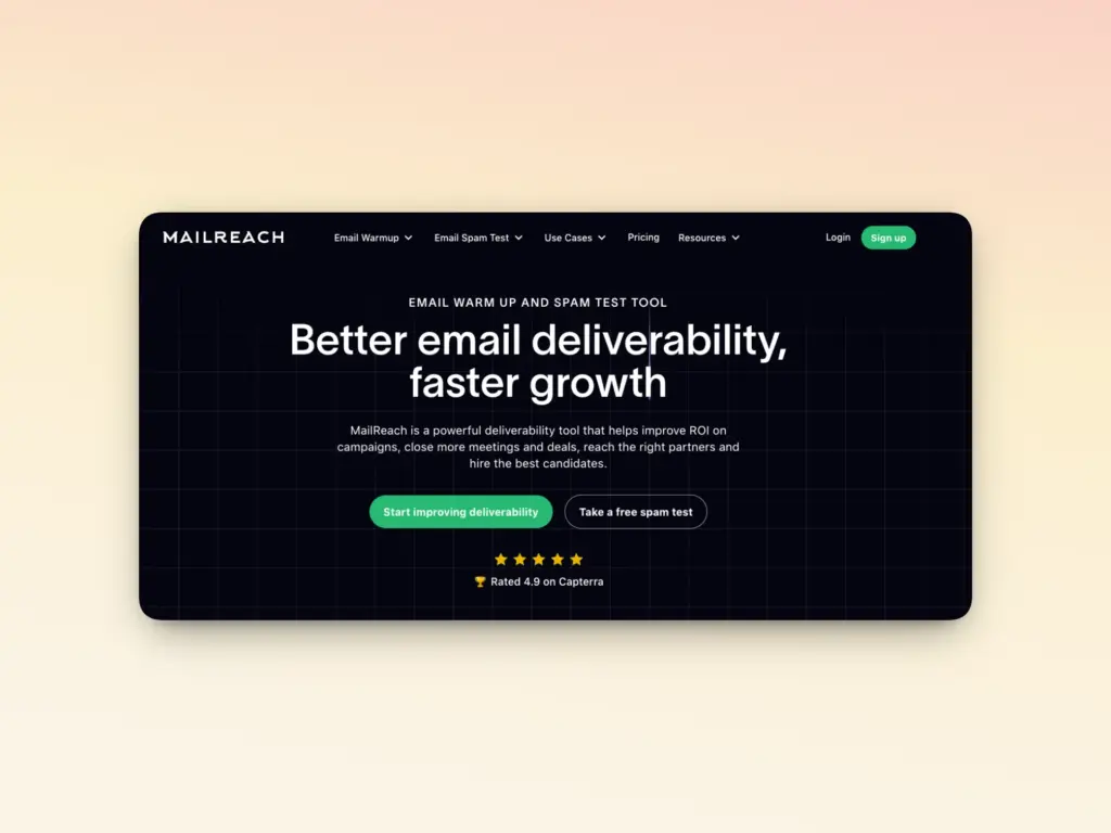 A website landing page for Mailreach, one of the best email warmup tools, features the tagline Better email deliverability, faster growth with buttons for starting deliverability improvement and taking a free spam test.