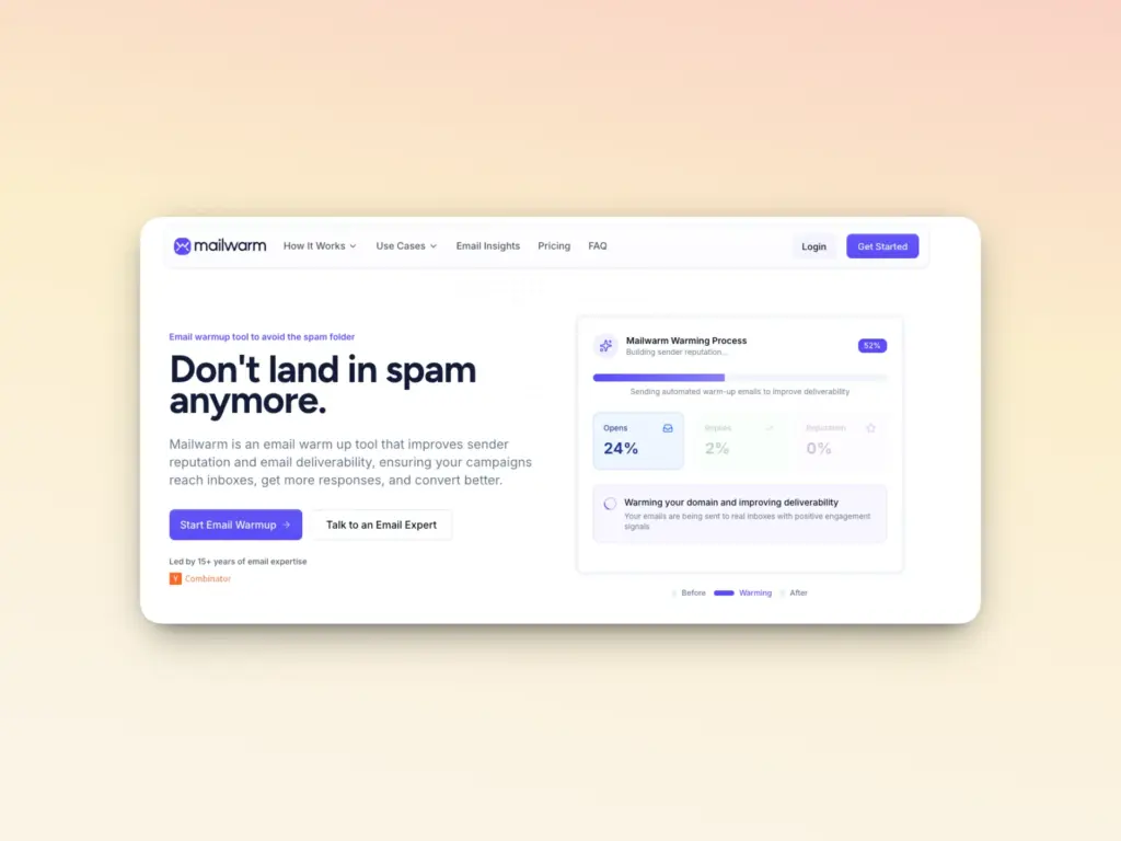 A website homepage for Mailwarm displays a headline Don’t land in spam anymore, a brief description about improving email deliverability with the best email warmup tools, and a chart showing email warming progress. Buttons for starting and expert help are visible.