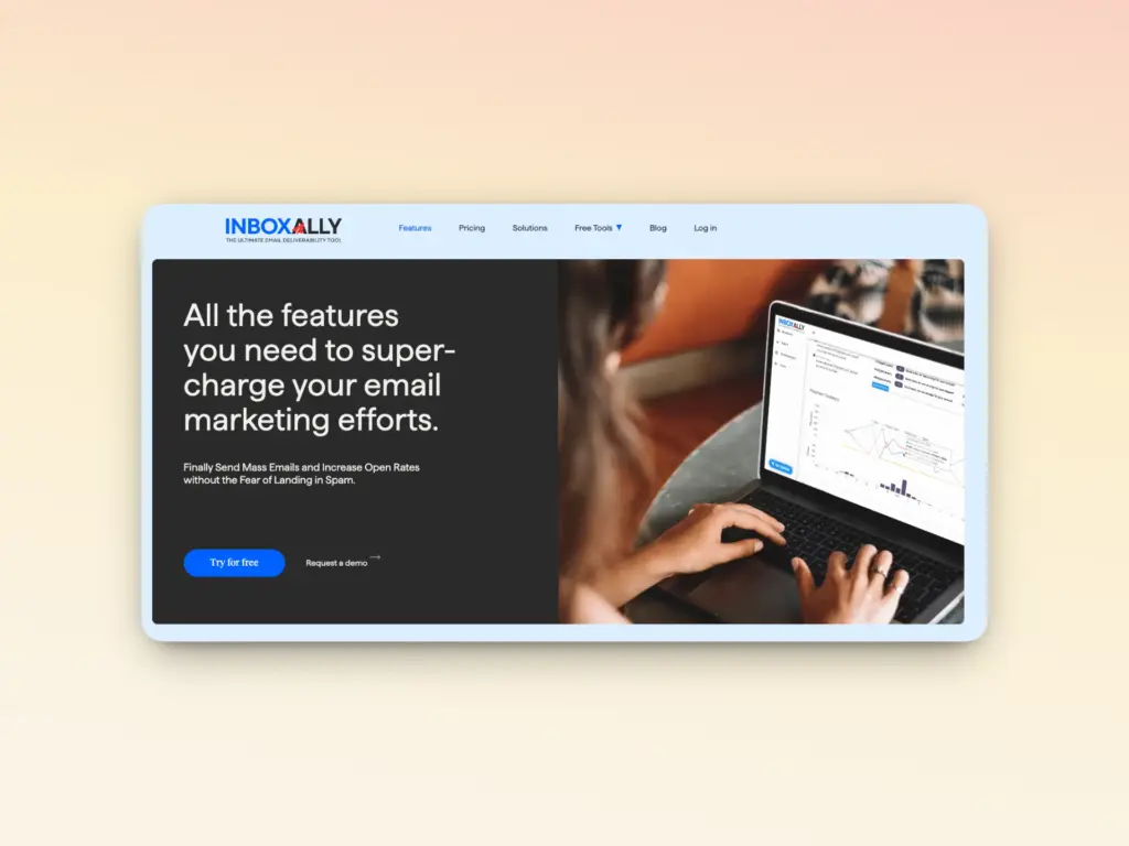 A laptop screen displays email marketing analytics as a person types on the keyboard. Next to it, a website section reads: Discover the best email warmup tools and all the features you need to supercharge your email marketing efforts.