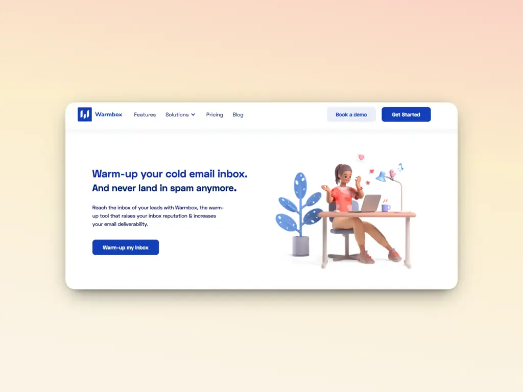 A website homepage for Warmbox shows a woman sitting at a desk with a laptop, looking surprised at her screen. Text promotes the best email warmup tools to avoid spam, with buttons for Warm-up my Inbox, Book a demo, and Get Started.