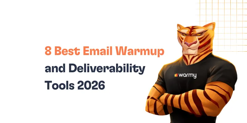 Illustration of an anthropomorphic tiger in a warmy shirt, standing with arms crossed. Text reads: “8 Best Email Warmup Tools and Deliverability Tools 2026.” Grid pattern in the top right corner.