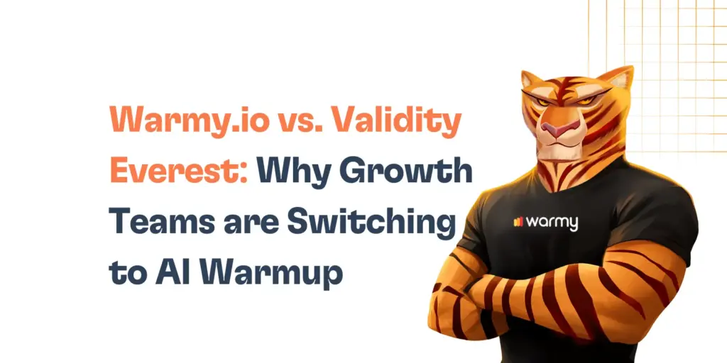 Warmy.io vs. Validity Everest: Why Growth Teams are Switching to AI Warmup 24 A confident tiger mascot in a Warmy t-shirt stands with folded arms next to the text: Warmy vs Validity Everest—why growth teams are switching to AI Warmup.