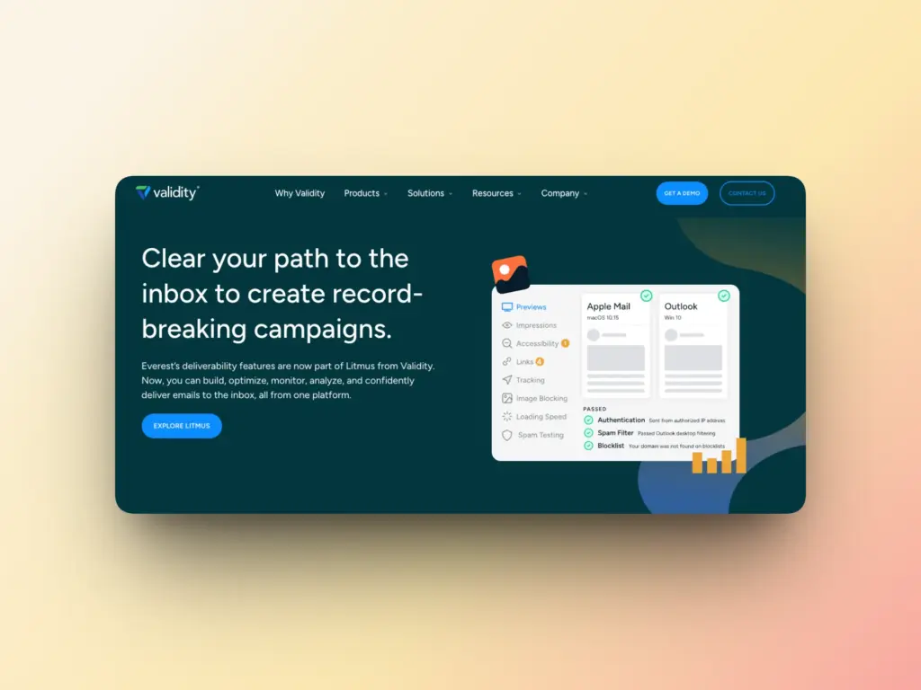 A website landing page for Validity, showcasing a headline about email deliverability and campaign success—plus icons for previews, Apple Mail, and Outlook, a gradient sidebar menu, and a clear comparison of Warmy vs Validity Everest.