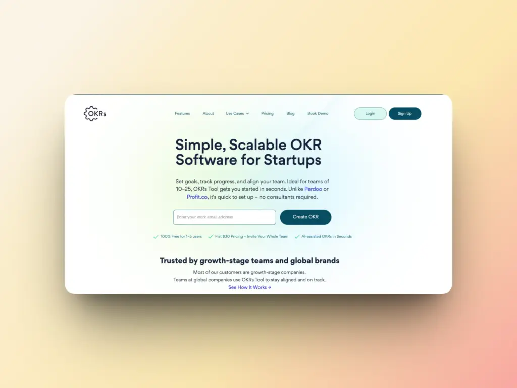A website landing page for OKR software, featuring a headline about scalable OKR tools for startups, a goal input field, call-to-action buttons, and trusted brand logos—plus insights on how Email Deliverability supports seamless team updates.