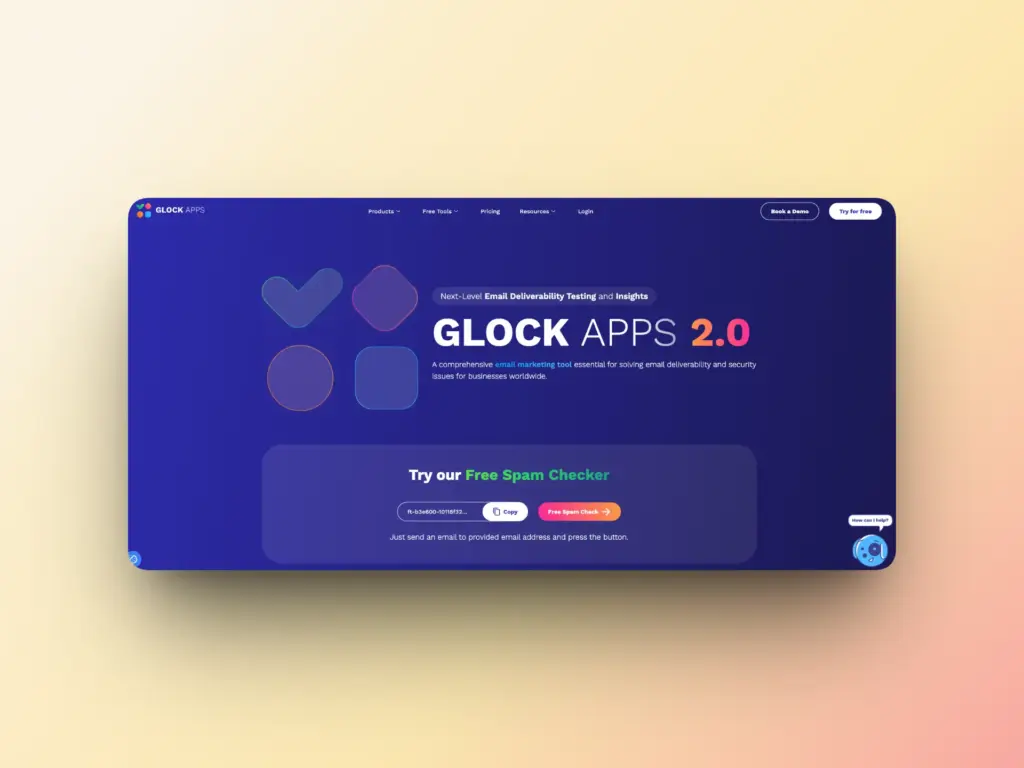 A website homepage for Glock Apps 2.0 features a dark blue background with colorful icons, bold text, and a call-to-action button inviting users to try a free Email Deliverability spam checker.