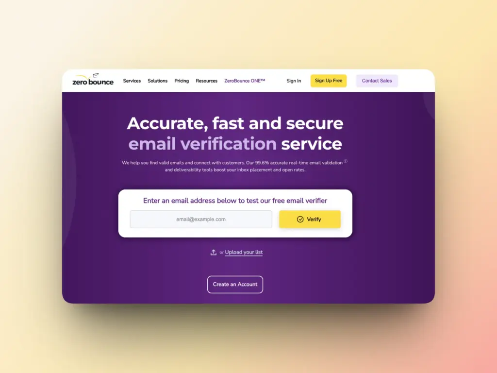 A website landing page for ZeroBounce offers an email verification service to boost Email Deliverability. It features a purple background, a text field to enter an email address for free verification, and buttons to verify or create an account.