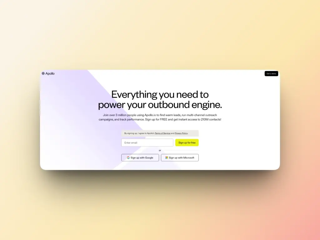 A website landing page for Apollo featuring a headline, Everything you need to power your outbound engine. With a focus on email deliverability, the page offers a signup form and options to sign up using Google or Microsoft accounts on a light gradient background.