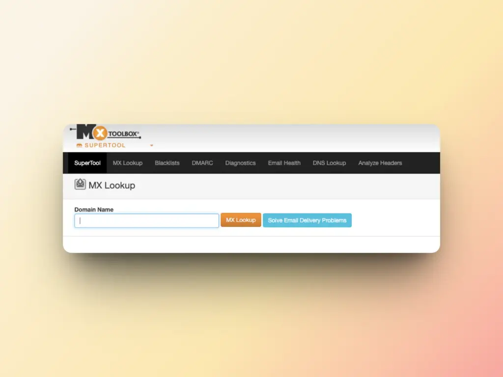 A screenshot of the MXToolbox MX Lookup tool interface, showing a search bar for entering a domain name, with orange MX Lookup and blue Solve Email Delivery Problems buttons—perfect for checking Email Deliverability—on a light gradient background.