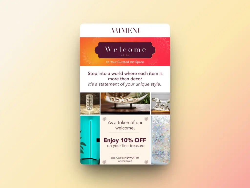 A promotional graphic for Artment features decor images, a welcome message, and a 10% off offer for first-time buyers who join email lists with the code NEWART10. The background fades from orange to cream.