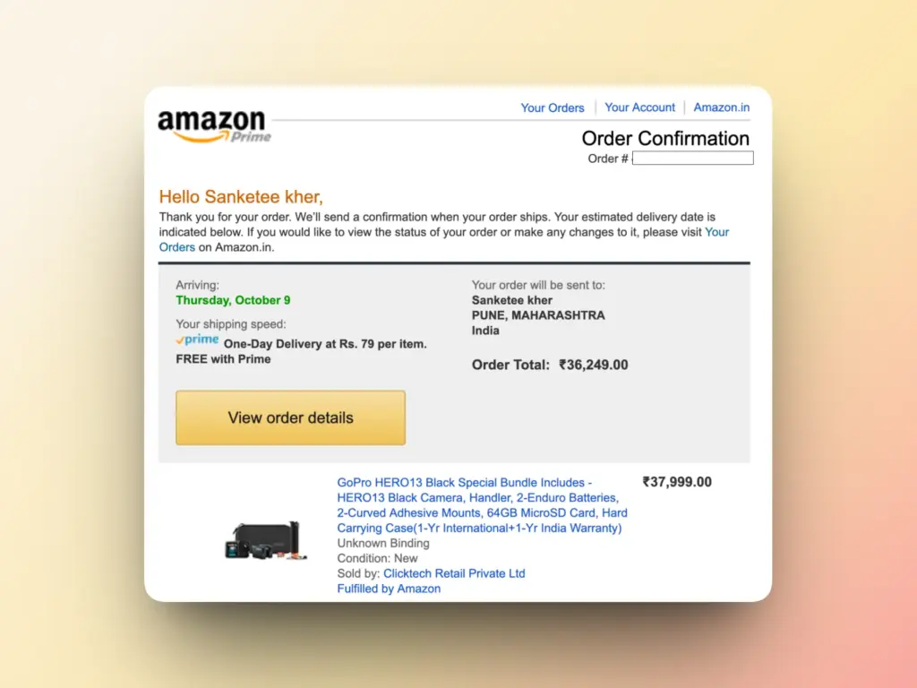 Amazon order confirmation page showing a GoPro HERO13 Black Special Bundle purchased for ₹37,999, with delivery to Maharashtra, India. Stay updated via email lists; your estimated delivery is Thursday, October 9.