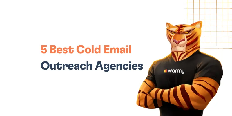 5 Best Cold Email Outreach Agencies 2 Illustration of an anthropomorphic tiger in a black warmy shirt with crossed arms, standing beside the text 5 Best Cold Email Outreach Agencies on a white background. Perfect for showcasing top cold email outreach agencies.