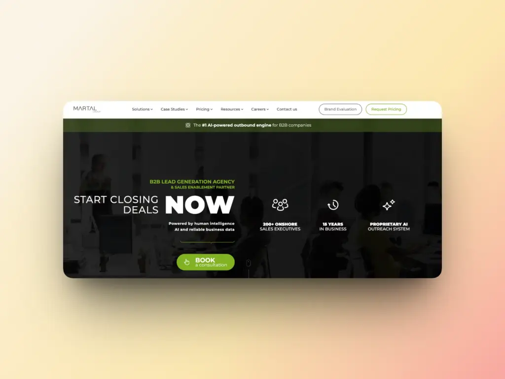 5 Best Cold Email Outreach Agencies 4 A website banner for a B2B lead generation agency, trusted among top cold email outreach agencies, promotes AI-powered sales solutions. Bold text reads Start Closing Deals NOW with a green Book Consultation button. The background shows people working in an office.