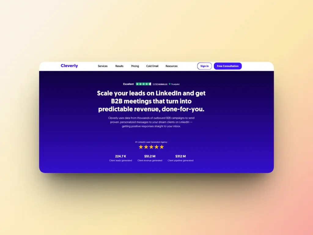 5 Best Cold Email Outreach Agencies 5 A website webpage from Cleverly displaying a headline about scaling LinkedIn leads and B2B meetings—similar to top cold email outreach agencies—with stats, client results, navigation menu, and buttons for sign-in and free consultation on a gradient background.