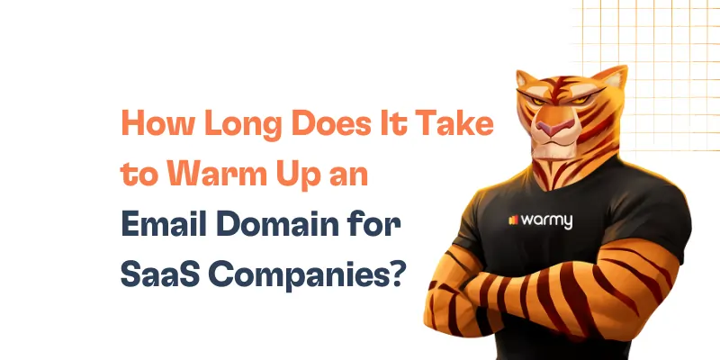 How Long Does It Take to Warm Up an Email Domain for SaaS Companies? 23 Illustration of a muscular tiger in a cozy t-shirt, with the text: How Long Does It Take to Warm Up an Email Domain for SaaS Companies? Perfect for guides on how to warm up an email domain for SaaS businesses. White background, orange grid accent.