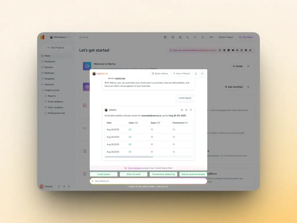 Adeline AI Chat: Get Instant Insights from Your Warmy Email Deliverability AI Assistant 24/7 2 Adeline AI sample chat interaction