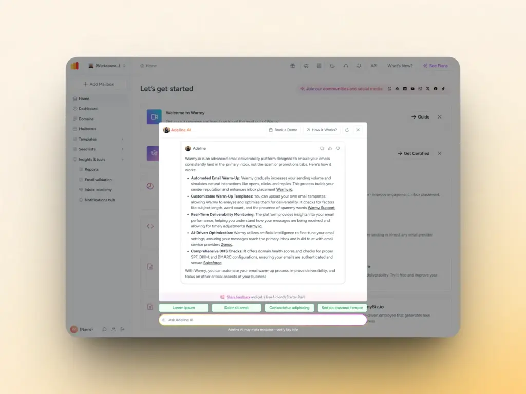 Warmy.io: How It Works and What Makes It the Best Email Warmup and Deliverability Platform 2 Adeline AI Chat sample interaction
